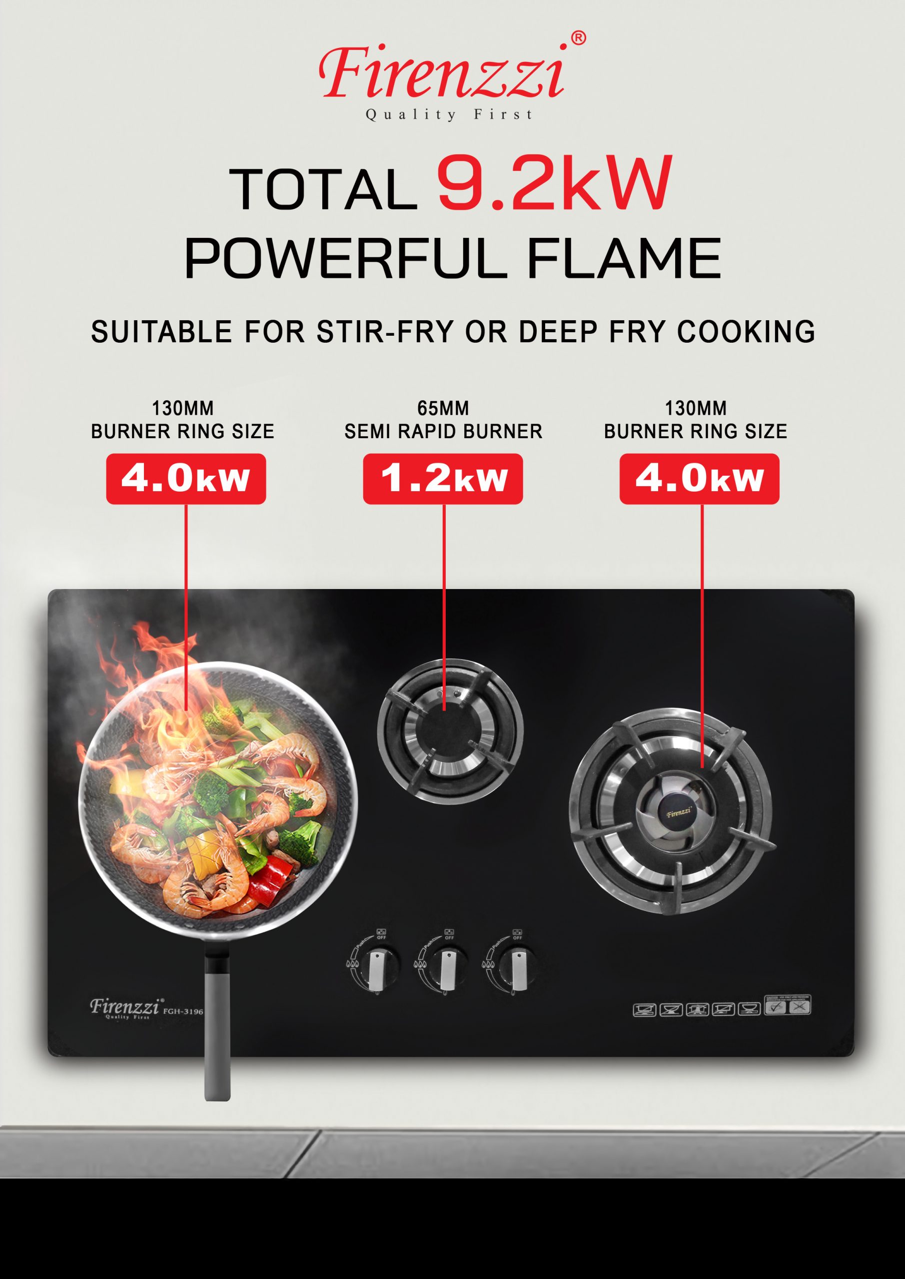 FIRENZZI Dapur Gas Terbina Dalam 3 Penunu 4.0kw FGH-3196