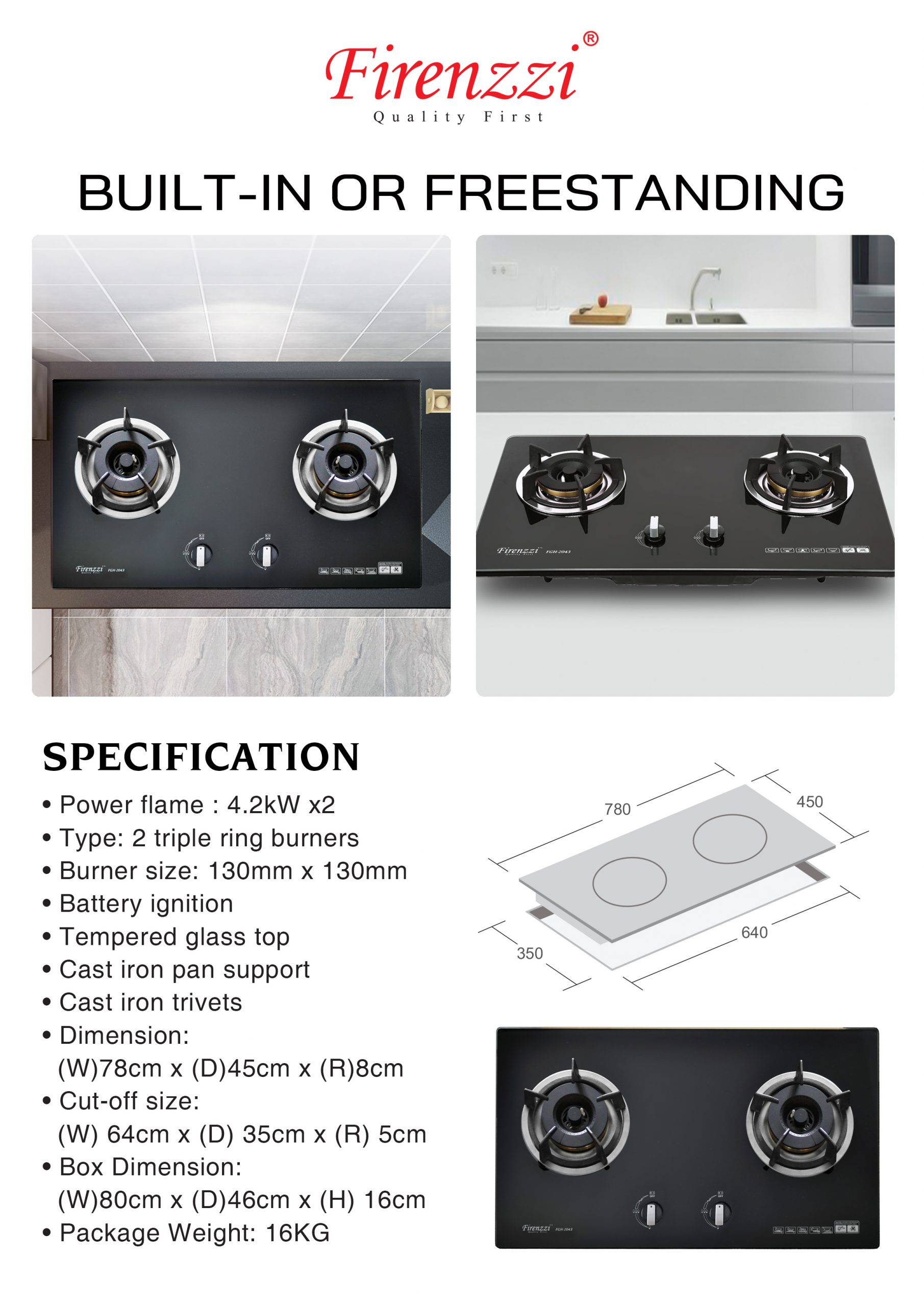 FIRENZZI Gas Hob 2 Triple Ring Burners FGH-2043