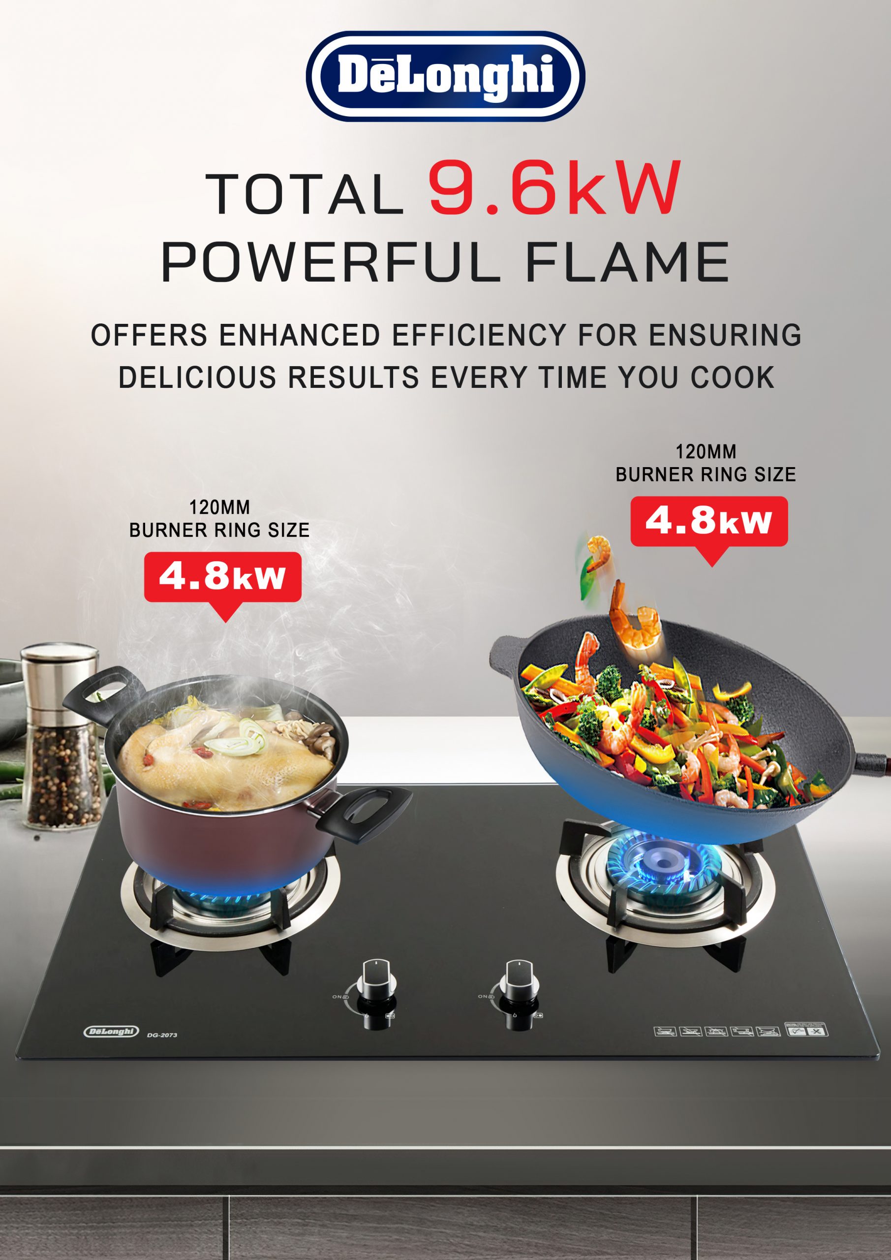 DeLonghi Gas Cooker Glass Hob 3 Burners DG-2073
