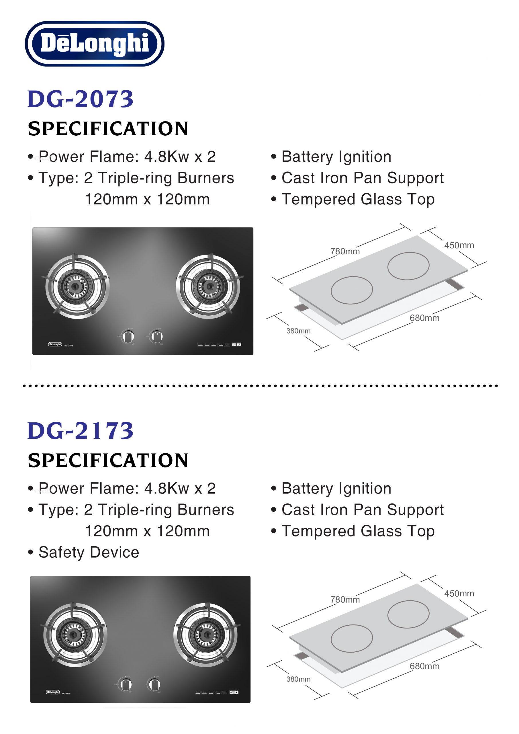 DeLonghi Gas Hob 4.8kW Built in Gas Cooker DG-2173