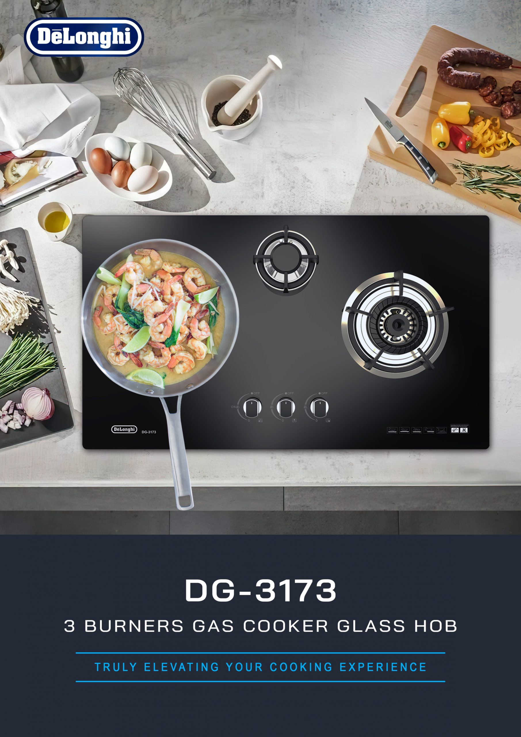 DeLonghi Gas Cooker Glass Hob 3 Burners DG-3173