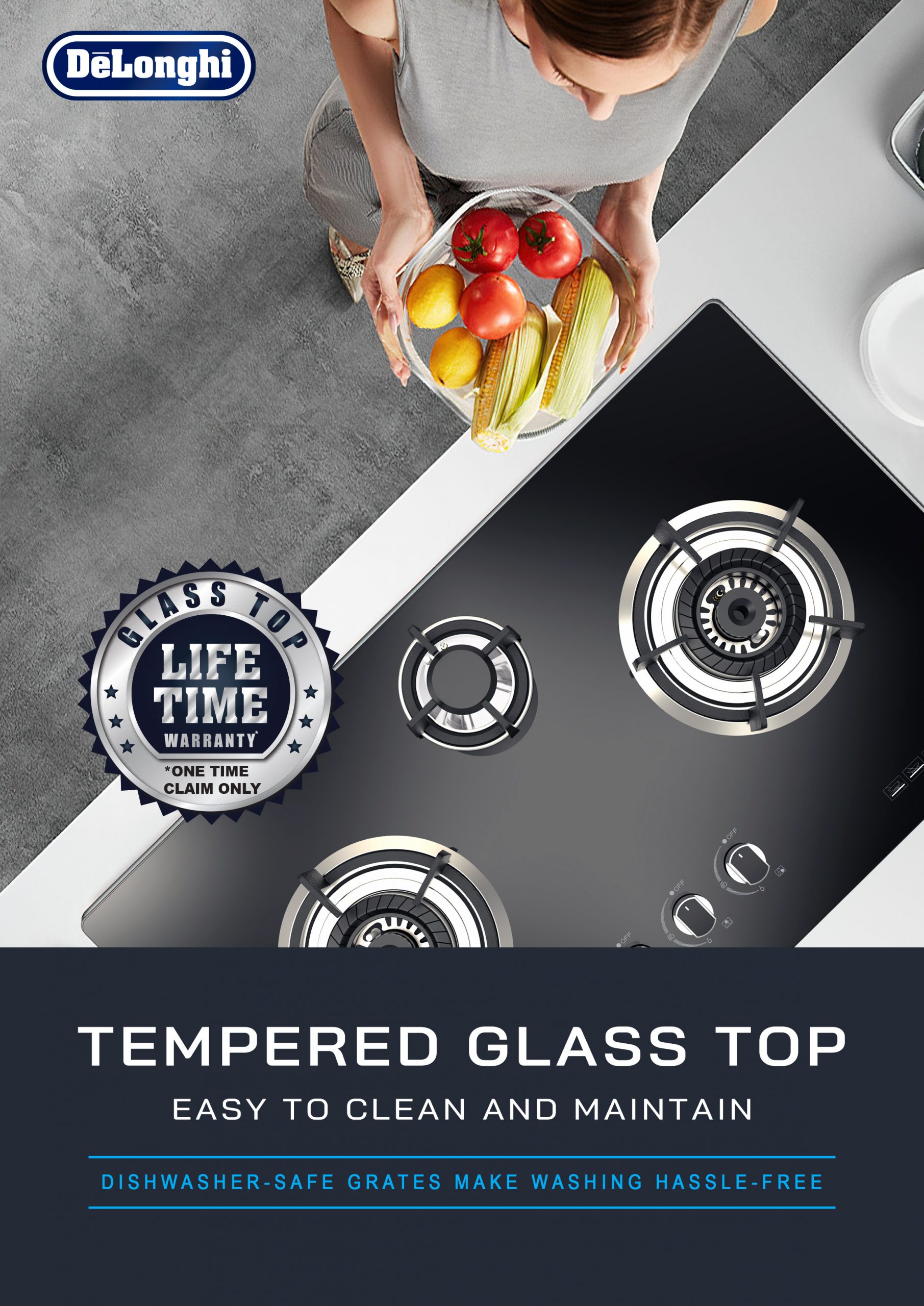DeLonghi Gas Cooker Glass Hob 3 Burners DG-3173