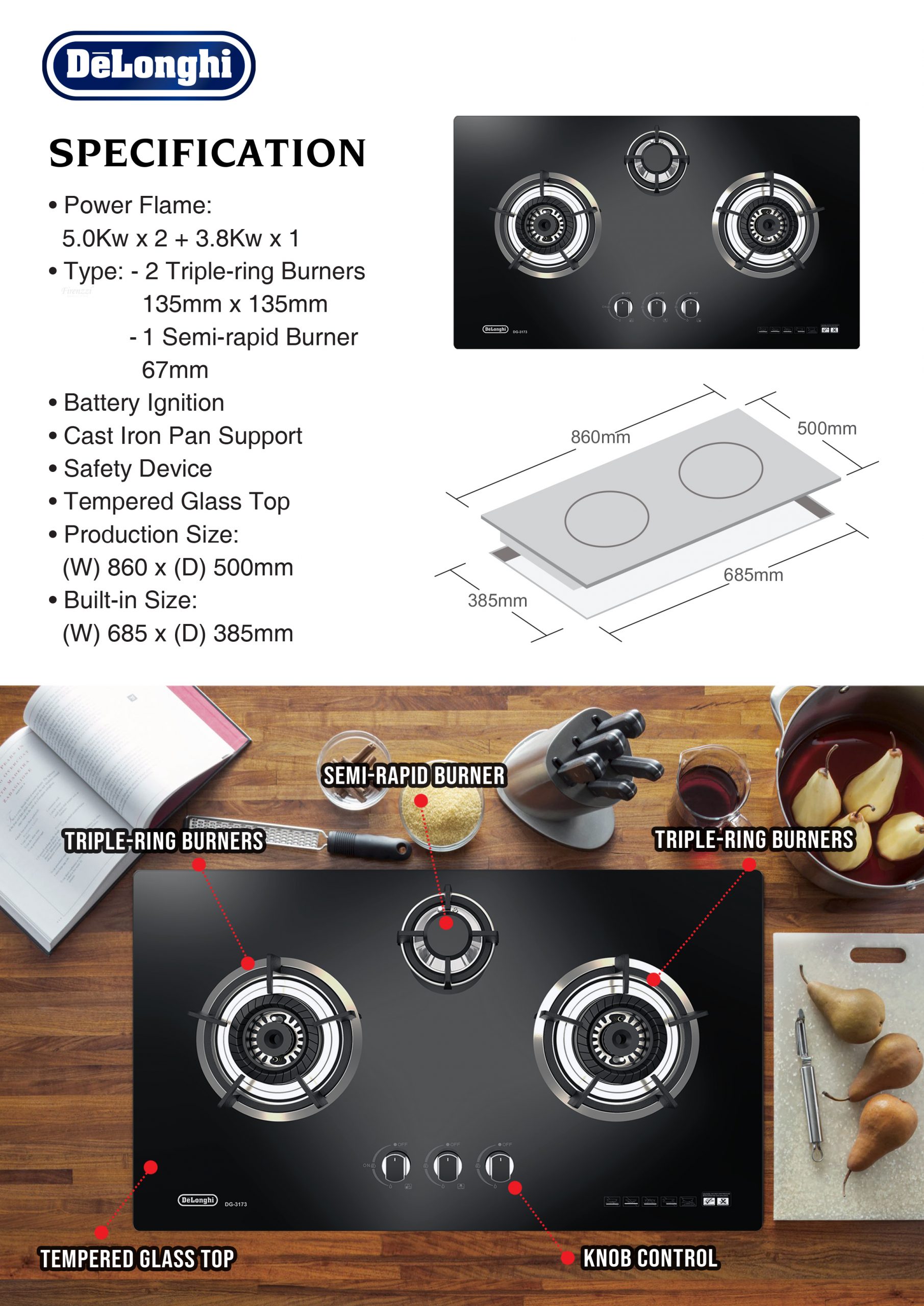 DeLonghi Gas Cooker Glass Hob 3 Burners DG-3173