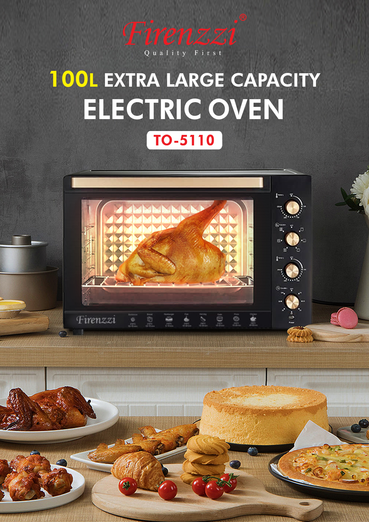 FIRENZZI Electric Oven 100L Extra Large Capacity
