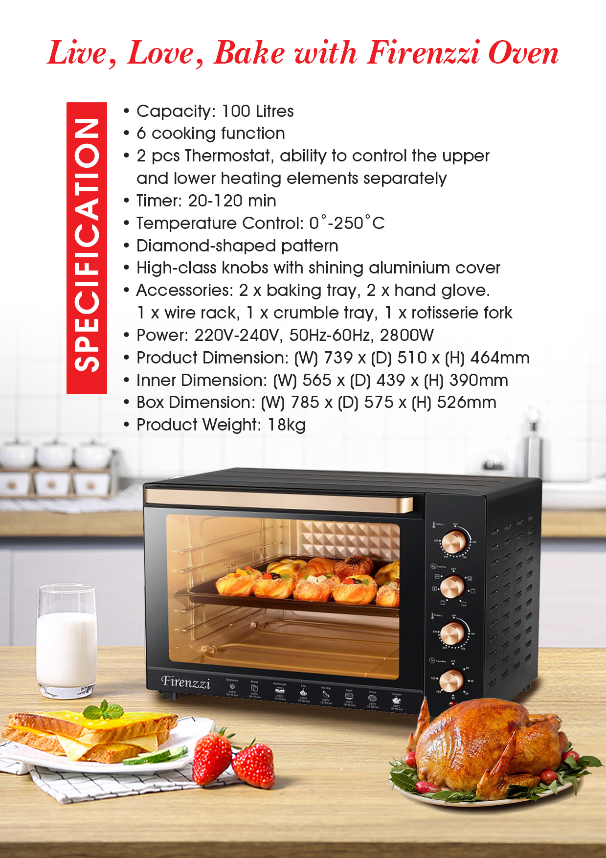 FIRENZZI Electric Oven 100L Extra Large Capacity