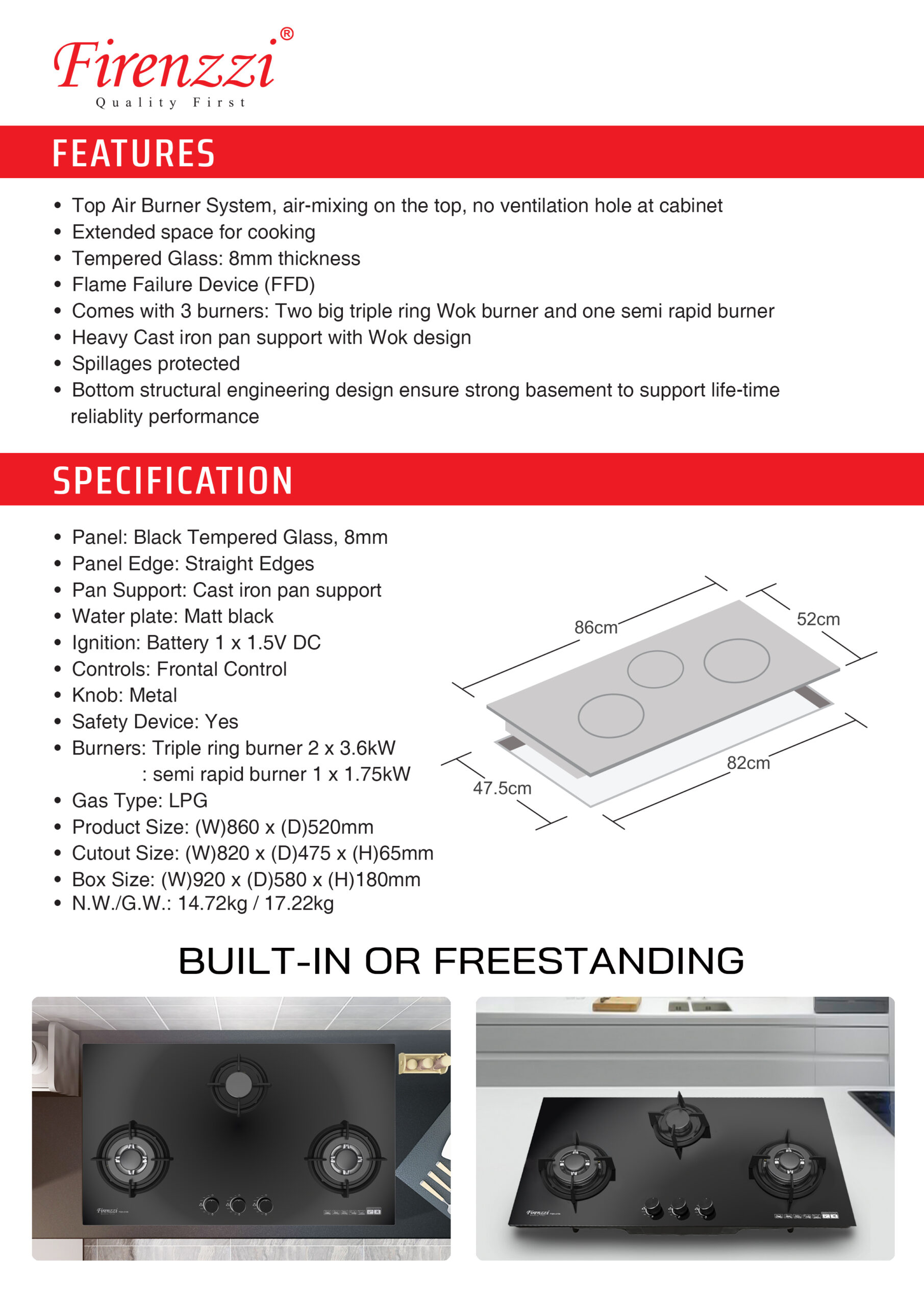 FIRENZZI Dapur Gas The Exellent Series 3 Pembakar FGH-3136